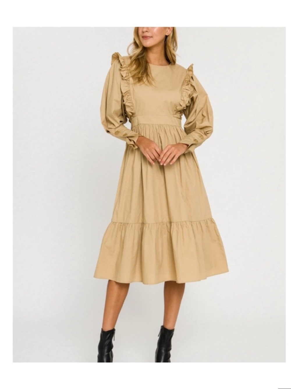 English Factory Beige Tiered A-Line Midi Dress with Ruffles